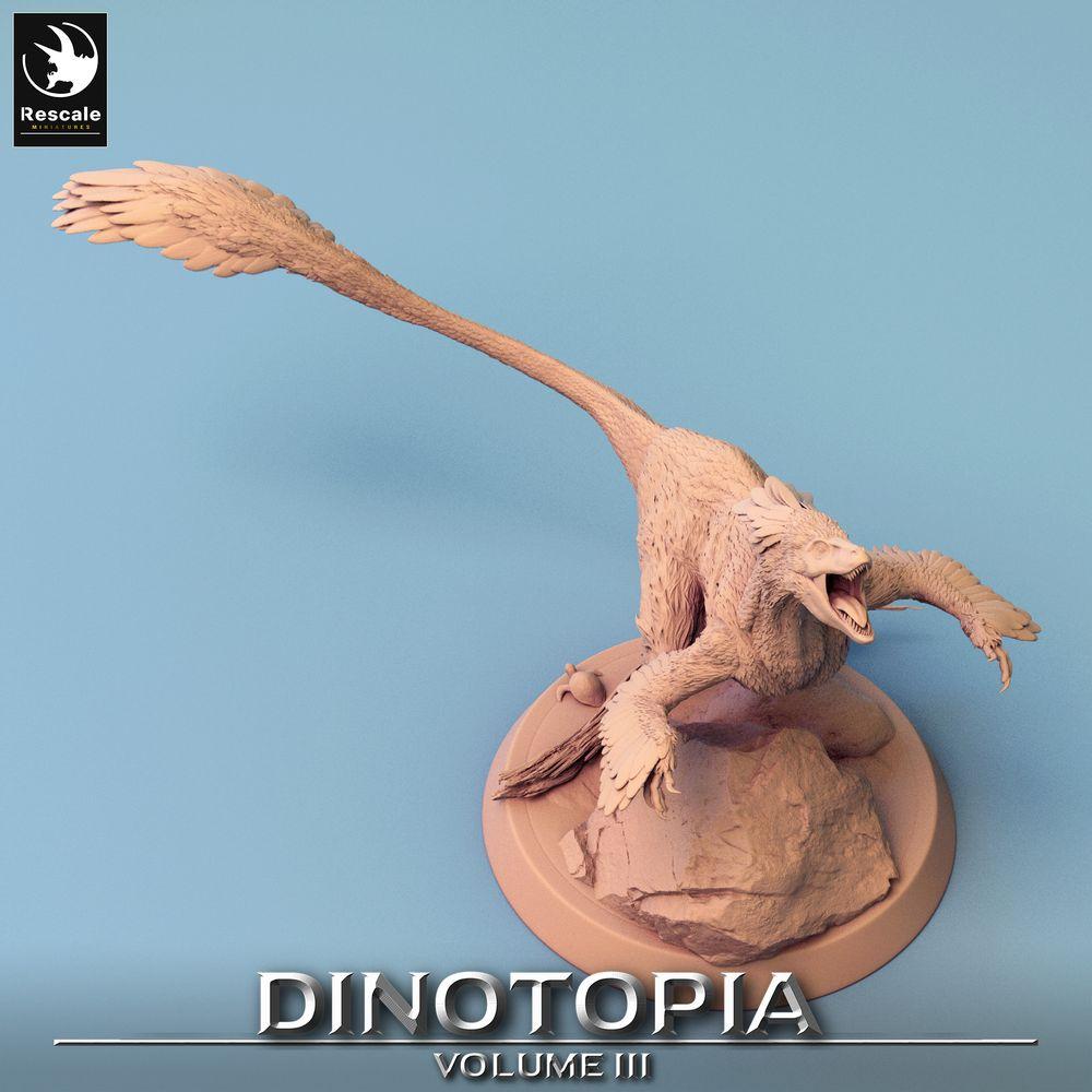 Product photo Tabletop 28mm Lord of the Print (LotP) 0: Tabletop miniature: Feathered Raptor - Pyroraptor on Rock, Terror Bird, Theropod Beast (24_06_B2)