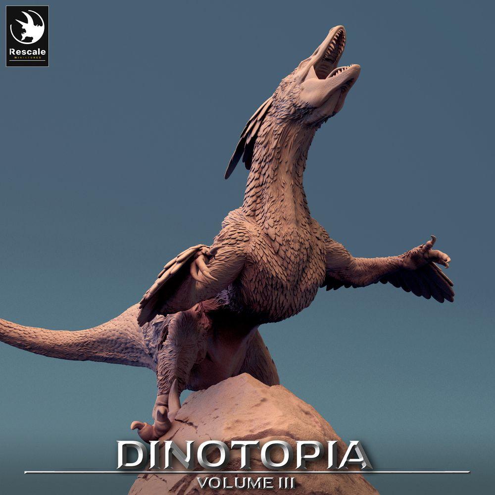 Product photo Tabletop 28mm Lord of the Print (LotP) 0: Tabletop miniature: Feathered Raptor - Pyroraptor on Rock, Terror Bird, Theropod Beast (24_06_B2)