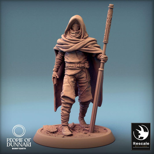 Product photo Tabletop 28mm Lord of the Print (LotP) 0: Tabletop miniature: Desert Mage Sandweaver, Nomad Mystic with staff and ritual book, Oracle/Runes Priest (24_03_H5)