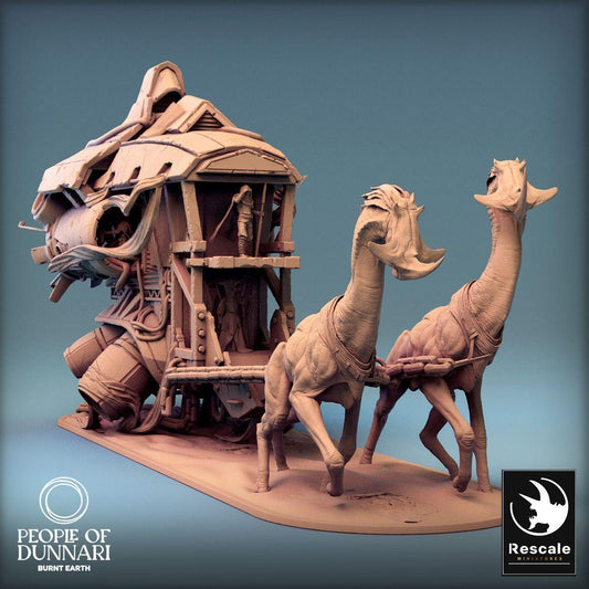 Product photo Tabletop 28mm Lord of the Print (LotP) 0: Tabletop Miniature Set: Nomad Caravan War Wagon, beast-drawn war wagon with platform, caravan leader/Beast Handler, and two exotic draft animals (24_03_L)