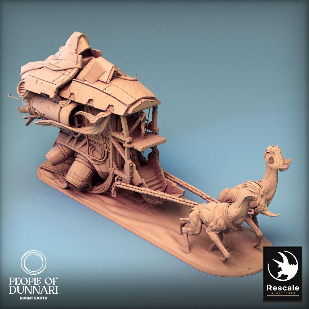 Produktfoto Tabletop 28mm Lord of the Print (LotP) 0: Tabletop Miniatur Set: Nomaden-Karawane War Wagon, bestien-gezogener Kriegswagen mit Plattform, Karawanenführer/Beast Handler und zwei exotischen Zugtieren (24_03_L)