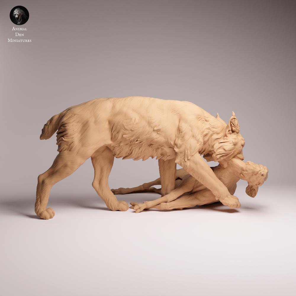 Product photo Tabletop 28mm Lord of the Print (LotP) 0: Wildlife animal figure: Eurasian lynx with prey (26_07_03)