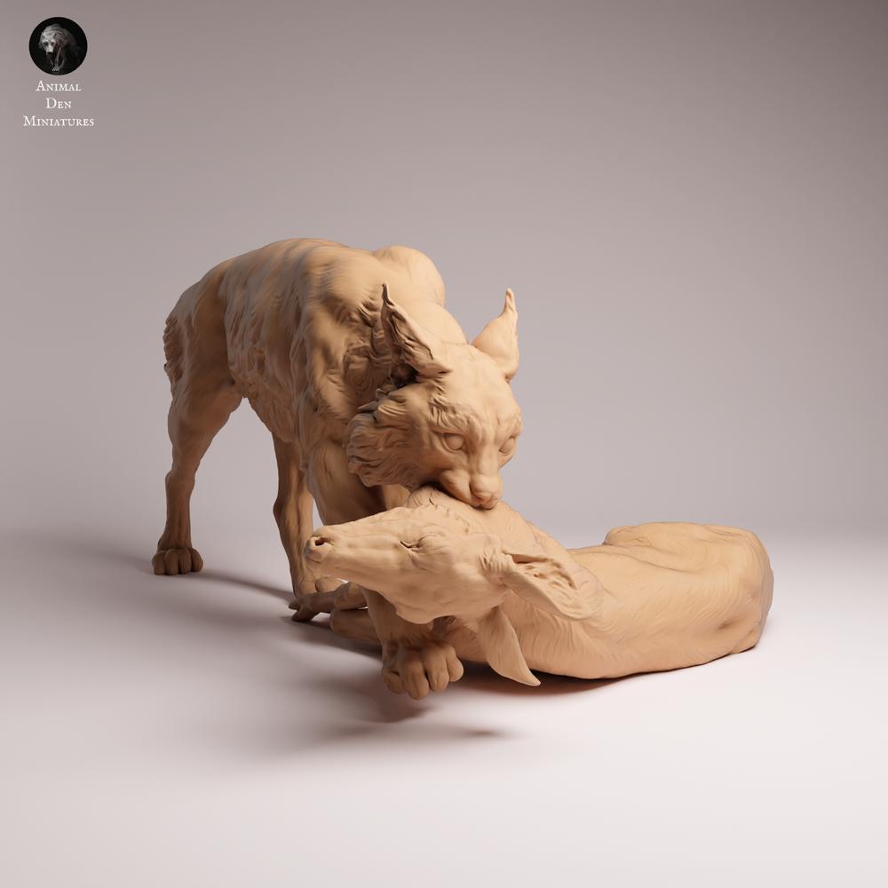 Product photo Tabletop 28mm Lord of the Print (LotP) 2: Wildlife animal figure: Eurasian lynx with prey (26_07_03)