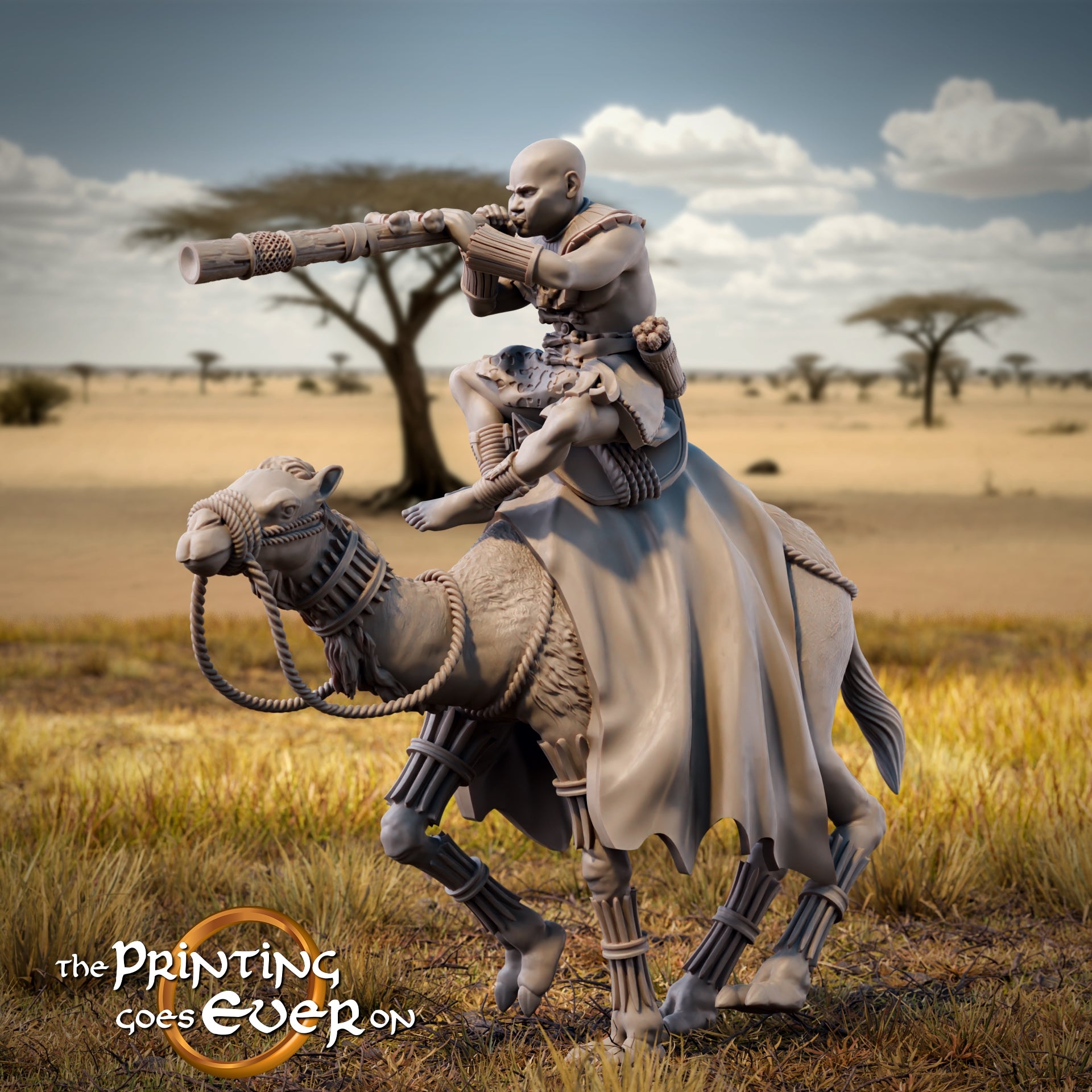 Product photo Tabletop 28mm The Printing Goes Ever On (TPGEO) 0: Savanna Riders: Proud native tribe with chieftain on camels