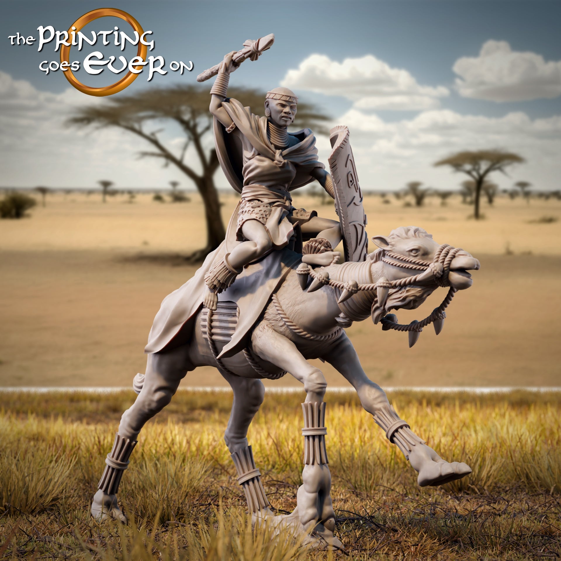 Product photo Tabletop 28mm The Printing Goes Ever On (TPGEO) 0: Savanna Riders: Proud native tribe with chieftain on camels