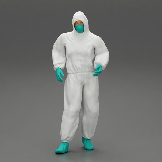 Diorama Modellbau Produktfoto 0: Diorama-Miniatur: Mann im Vollschutzanzug mit Kapuze, Maske & Handschuhen (Ref Nr. A50)
