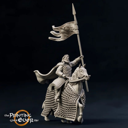 Product photo medieval historical figure 75mm Scale The Printing Goes Ever On (TPGEO) 0: Medieval Figures Banner Bearer Rider Royal Family
