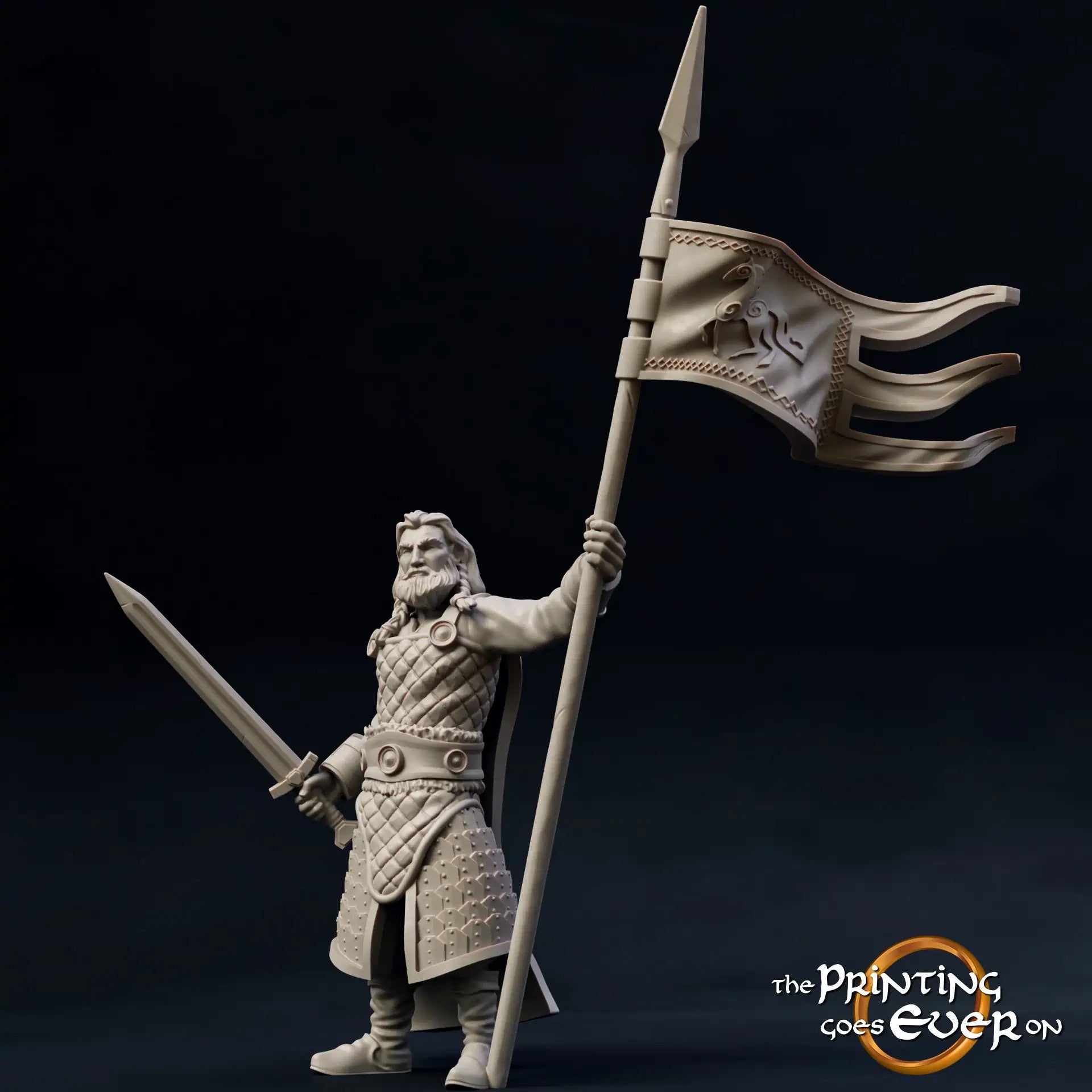 Product photo medieval historical figure 75mm Scale The Printing Goes Ever On (TPGEO) 0: Medieval Figures Banner Bearer - 75mm Models - Royal Family