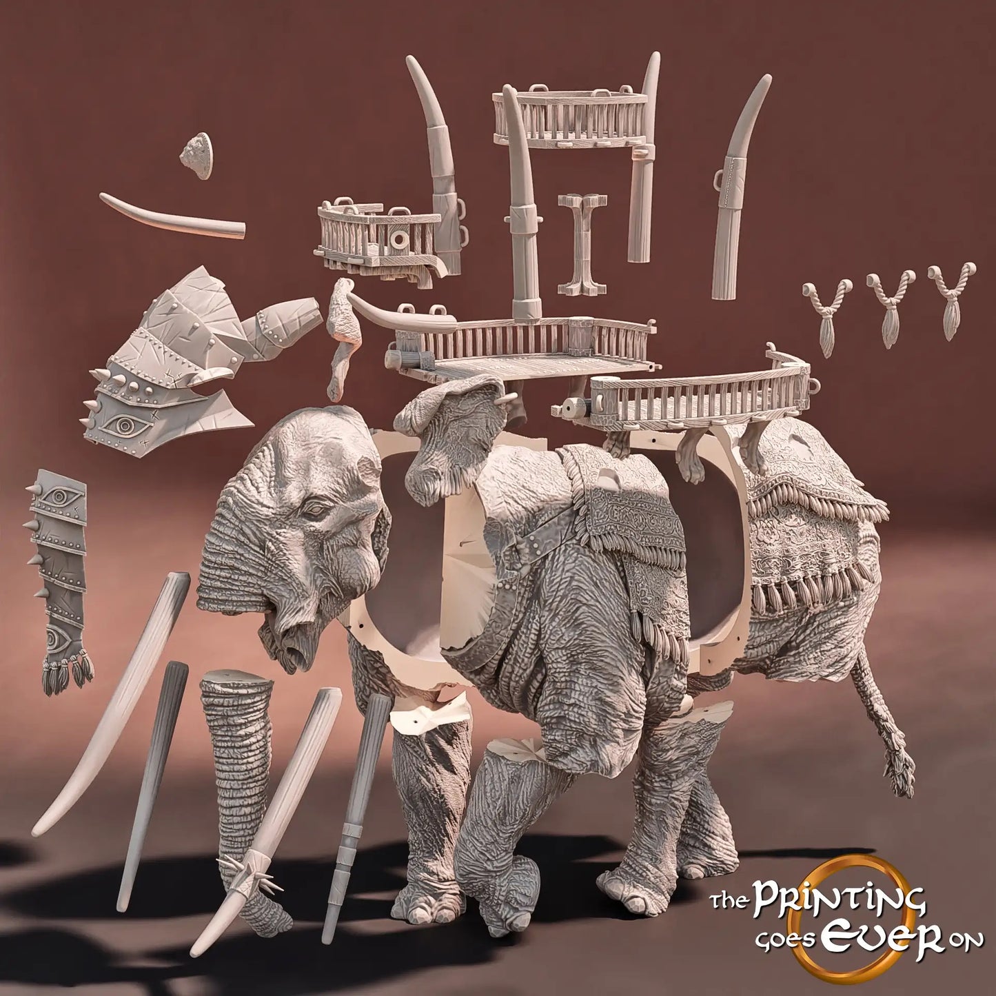 Product photo Tabletop 28mm The Printing Goes Ever On (TPGEO) 0: War Elephant: Monstrous creature with howdah - Nomadic people from the desert, warriors of the south