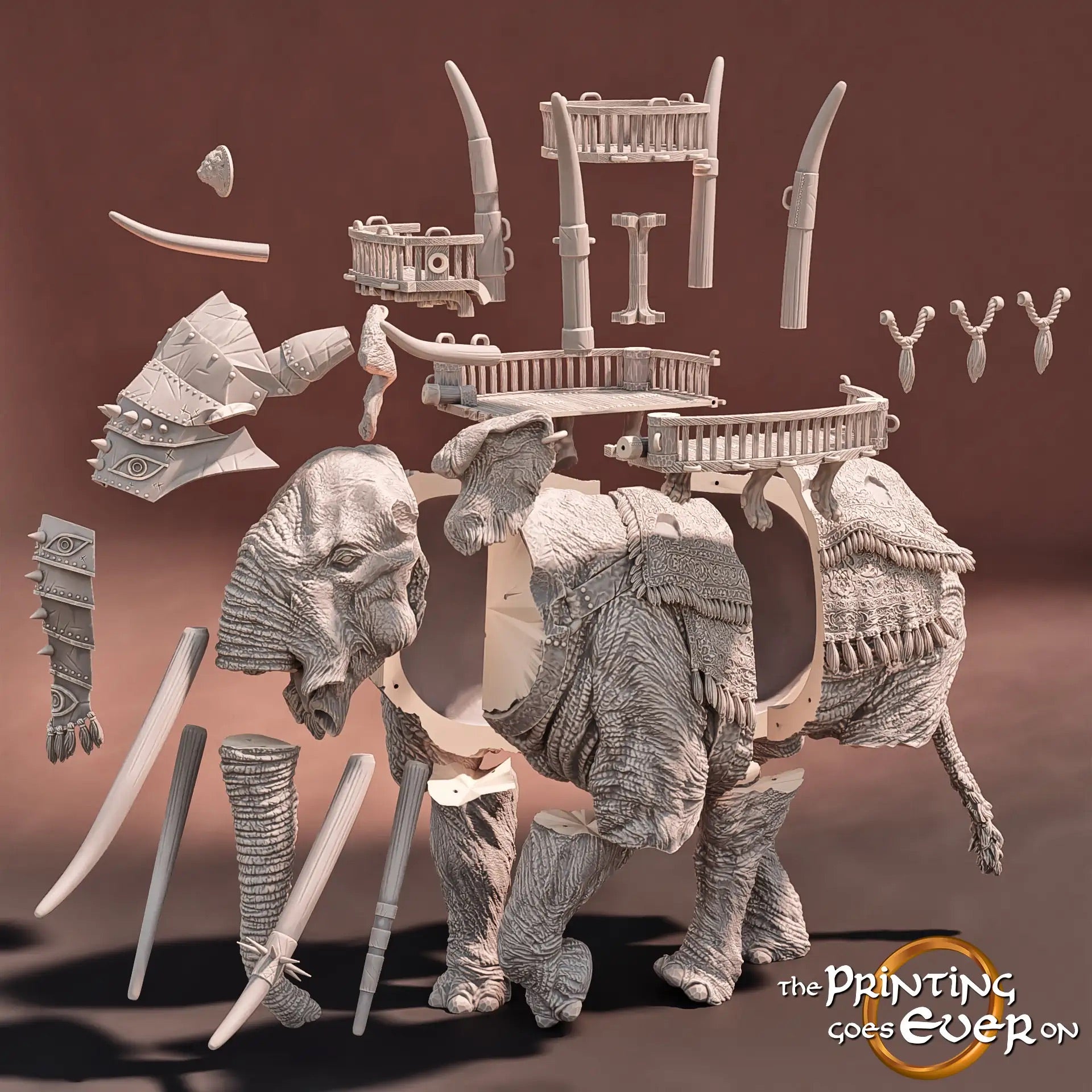 Product photo Tabletop 28mm The Printing Goes Ever On (TPGEO) 0: War Elephant: Monstrous creature with howdah - Nomadic people from the desert, warriors of the south