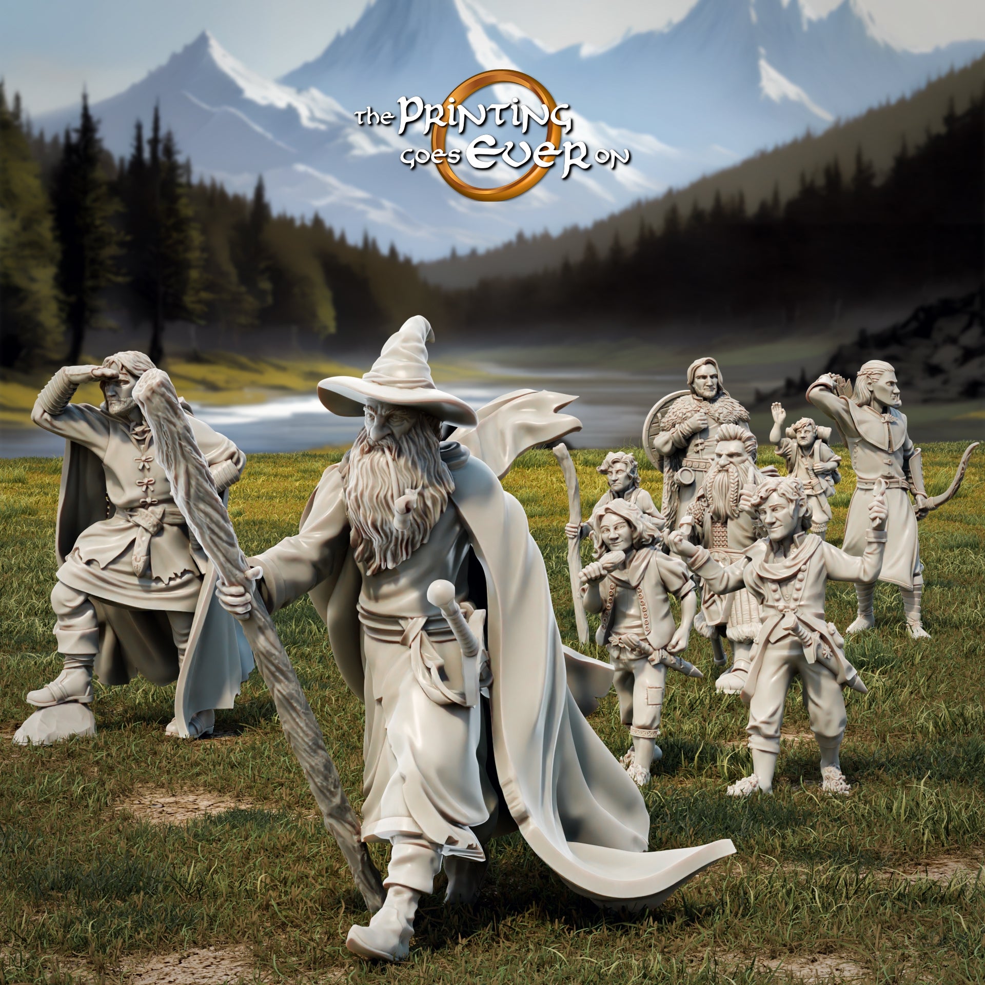 Product photo Tabletop 28mm The Printing Goes Ever On (TPGEO) 0: 9 Heroes in Wanderer Pose Remastered: Companions of Humans, Elves, Dwarves, and Halflings - Wanderer