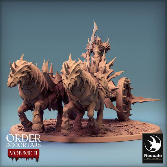 Product photo Tabletop 28mm Lord of the Print (LotP) 0: Tabletop miniature: Dark Warlord on Chariot, Demon Lord and Glaive Warrior, Wargaming Chariot with Pull Beasts (24_02_I)