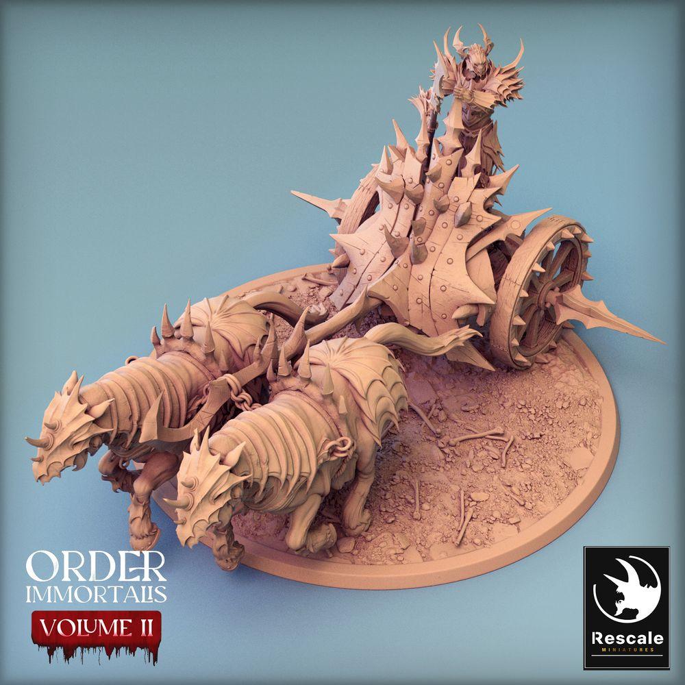 Produktfoto Tabletop 28mm Lord of the Print (LotP) 0: Tabletop Miniatur: Dunkler Kriegsherr auf Streitwagen, Dämonenfürst und Glevenkrieger, Wargaming Chariot mit Zugbestien (24_02_I)