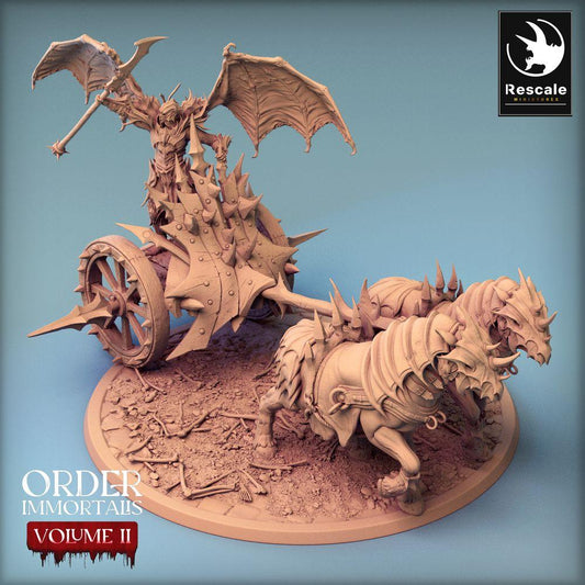 Product photo Tabletop 28mm Lord of the Print (LotP) 0: Tabletop miniature: Demon Lord on War Chariot with Beasts of Burden - Winged Hell Warrior, Dark Warlord, Demonic War Chariot (24_02_J)