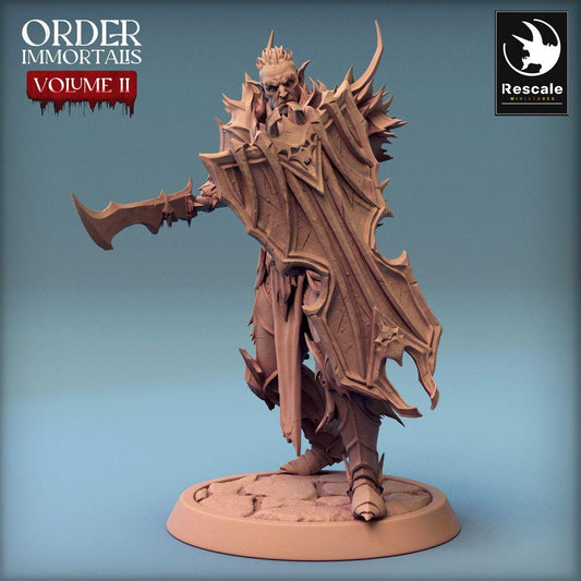 Product photo Tabletop 28mm Lord of the Print (LotP) 0: Tabletop miniature: Dark Knight with tower shield and curved saber - Death Knight, Vampire Lord, Dark Knight, Draven Evernight (24_02_G2)