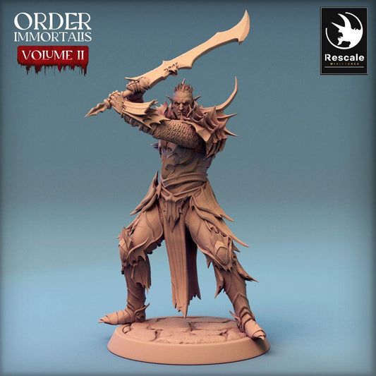 Product photo Tabletop 28mm Lord of the Print (LotP) 0: Tabletop miniature: Demon Warrior, Dark Champion with Curved Two-Handed Sword in Spiked Armor (24_02_G1)