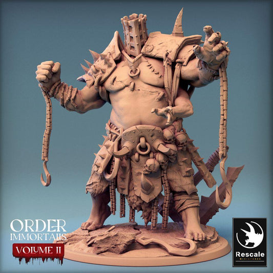 Product photo Tabletop 28mm Lord of the Print (LotP) 0: Tabletop miniature: Ogre Dungeon Master with Chain Hook, Executioner, and Barbarian Warlord - Eradicus Fist (24_02_F2)