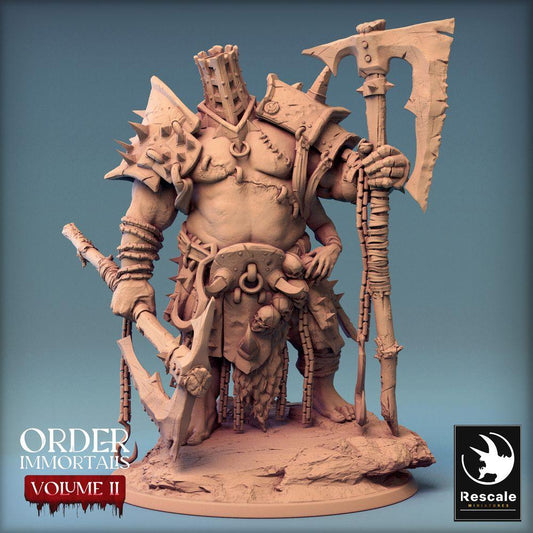 Product photo Tabletop 28mm Lord of the Print (LotP) 0: Fantasy Figure: Eradicus, Barbarian Warlord Berserker with Two-Handed Axe, Axe Fighter with Cage Helmet, Boss Miniature (24_02_F3)