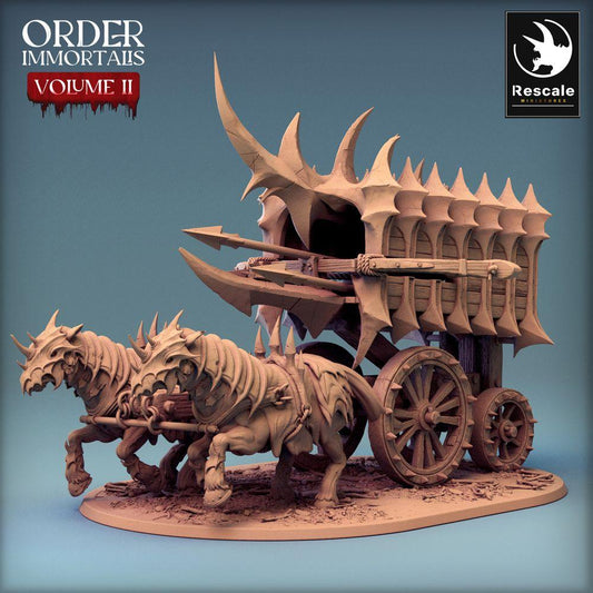 Product photo Tabletop 28mm Lord of the Print (LotP) 0: Tabletop miniature: Beast-drawn demon war chariot with ballista, war and siege machine, cage wagon - Scorpio Run (24_02_B1)