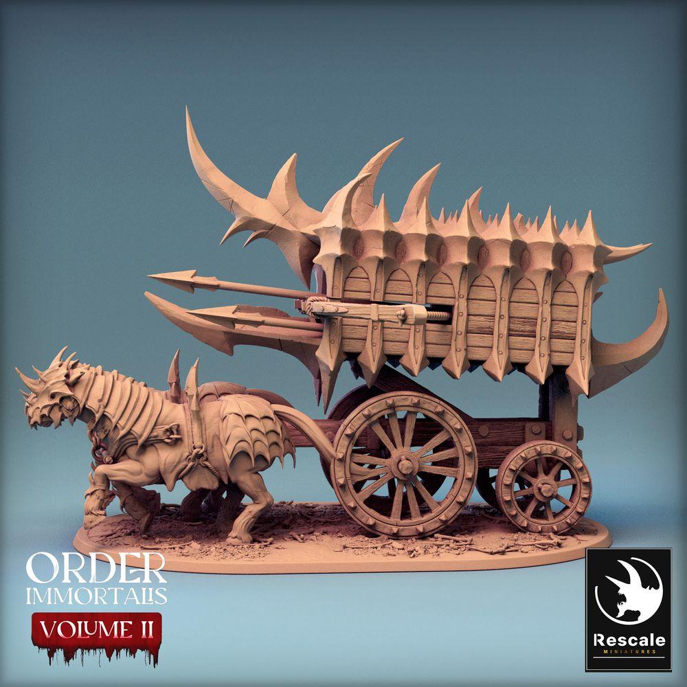Product photo Tabletop 28mm Lord of the Print (LotP) 0: Tabletop miniature: Beast-drawn demon war chariot with ballista, war and siege machine, cage cart - Scorpio Run (24_02_B1)