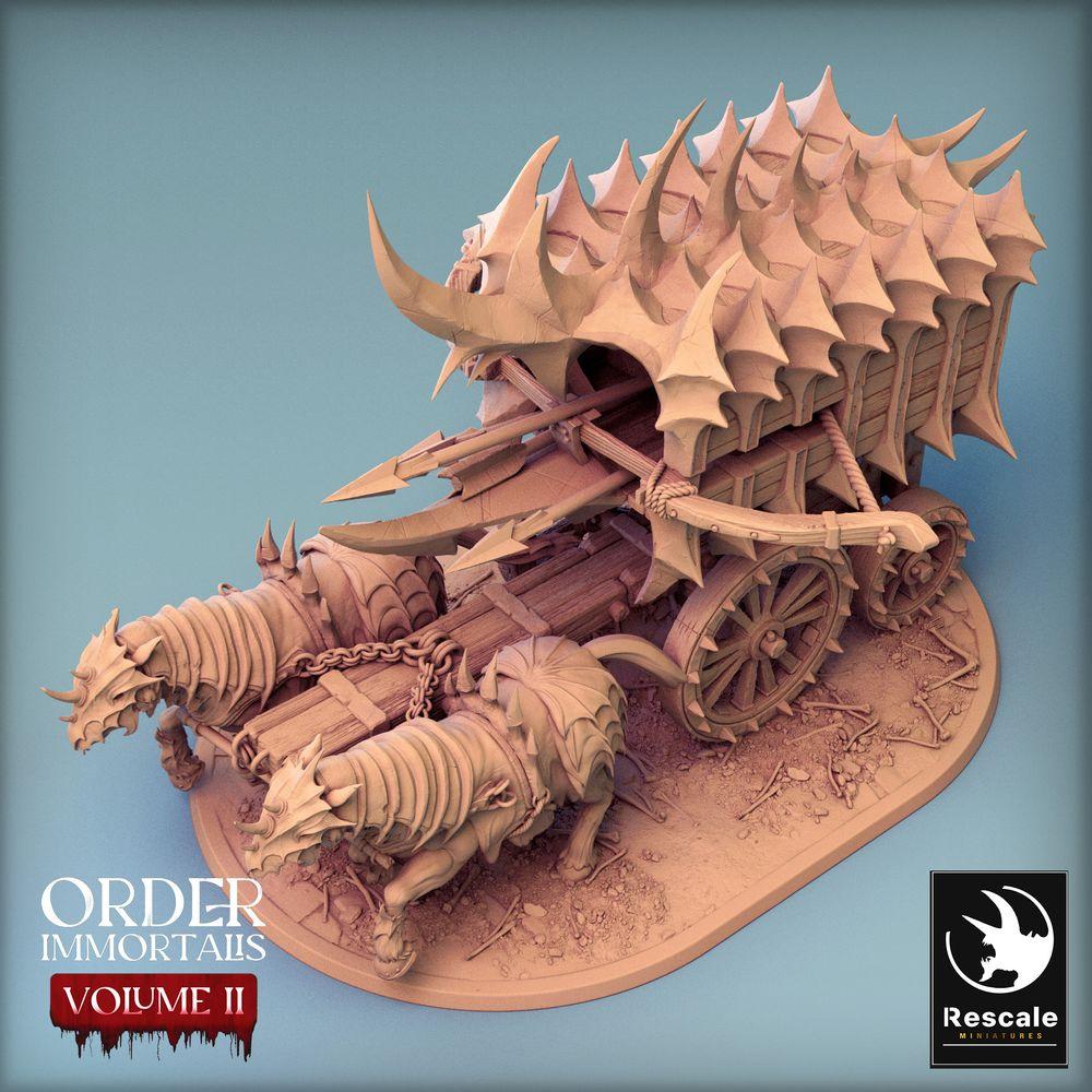 Product photo Tabletop 28mm Lord of the Print (LotP) 0: Tabletop miniature: Beast-drawn demon war chariot with ballista, war and siege machine, cage cart - Scorpio Run (24_02_B1)