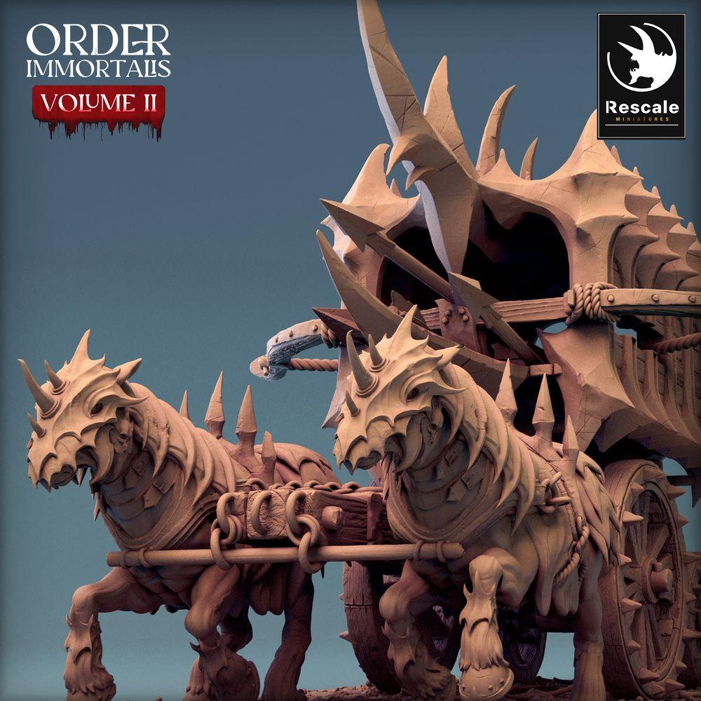Product photo Tabletop 28mm Lord of the Print (LotP) 0: Tabletop miniature: Beast-drawn demon war chariot with ballista, war and siege machine, cage cart - Scorpio Run (24_02_B1)