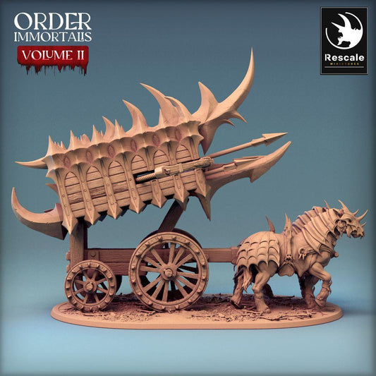 Product photo Tabletop 28mm Lord of the Print (LotP) 0: Tabletop miniature: Demonic War Chariot Scorpio Chariot - beast-drawn war chariot with harpoon ballista, spike chariot (24_02_B2)