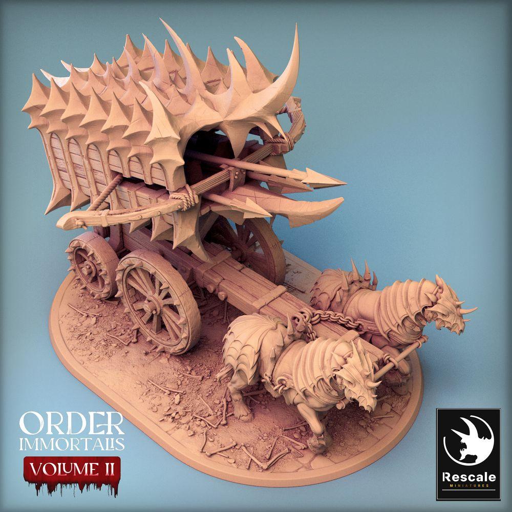 Product photo Tabletop 28mm Lord of the Print (LotP) 0: Tabletop miniature: Demonic War Chariot Scorpio Chariot - beast-drawn war chariot with harpoon ballista, spiked chariot (24_02_B2)
