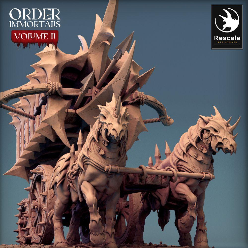 Product photo Tabletop 28mm Lord of the Print (LotP) 0: Tabletop miniature: Demonic War Chariot Scorpio Chariot - beast-drawn war chariot with harpoon ballista, spiked chariot (24_02_B2)