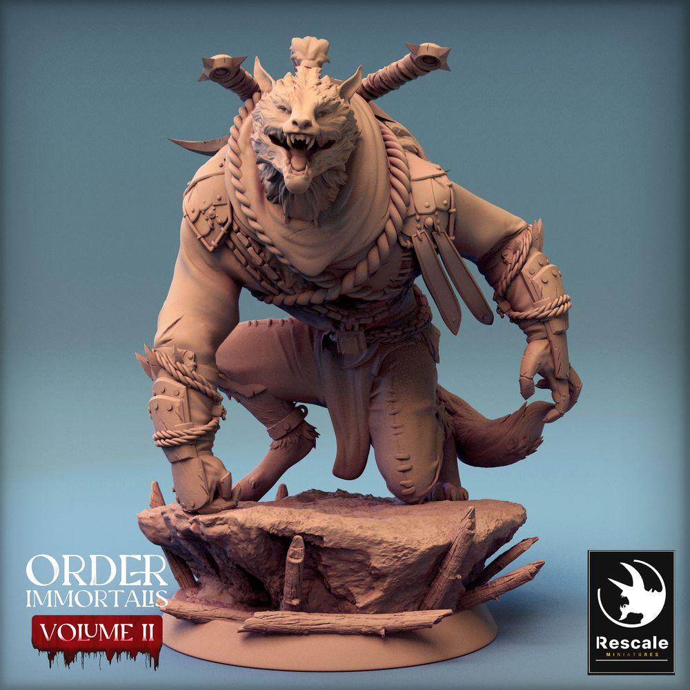Tabletop photo 28mm Lord of the Print (LotP) 0: Tabletop miniature: Werewolf Leader - Lycanthrope Champion with two swords on his back, Werewolf Chief (24_02_C2)