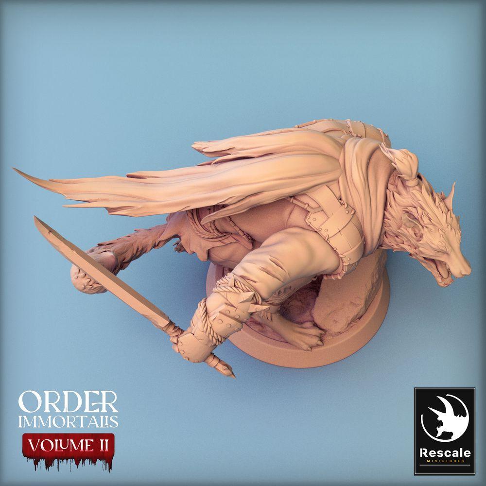 Product photo Tabletop 28mm Lord of the Print (LotP) 0: Fantasy Figure: Werewolf Warrior, Dual Blade Assassin, Boss Enemy, Immortalis Werewolf (24_02_C3)
