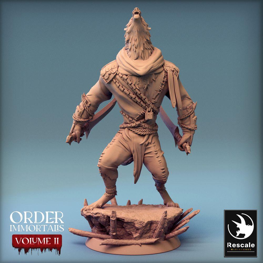 Product photo Tabletop 28mm Lord of the Print (LotP) 0: Tabletop miniature: Werewolf Warrior - howling Lycanthrope, barbarian and duelist with two curved blades (Werewolf Howl) (24_02_C4)