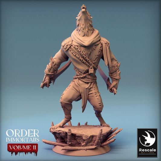 Product photo Tabletop 28mm Lord of the Print (LotP) 0: Tabletop miniature: Werewolf Warrior - howling Lycanthrope, barbarian and duelist with two curved blades (Werewolf Howl) (24_02_C4)