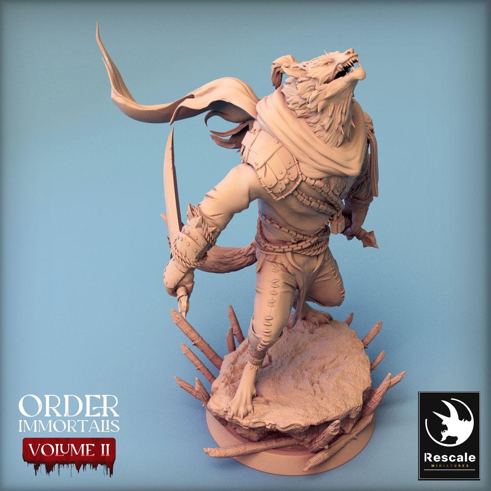 Product photo Tabletop 28mm Lord of the Print (LotP) 0: Tabletop miniature: Werewolf Warrior - howling Lycanthrope, barbarian and duelist with two curved blades (Werewolf Howl) (24_02_C4)