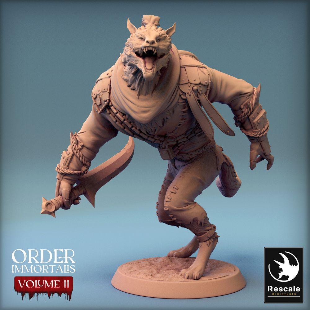 Product photo Tabletop 28mm Lord of the Print (LotP) 0: Tabletop miniature: Werewolf Barbarian with curved saber - Beast Warrior, Jackalman/Hyena-man Raider, Mercenary, Skirmisher, Werewolf Barbarian (24_02_C5)