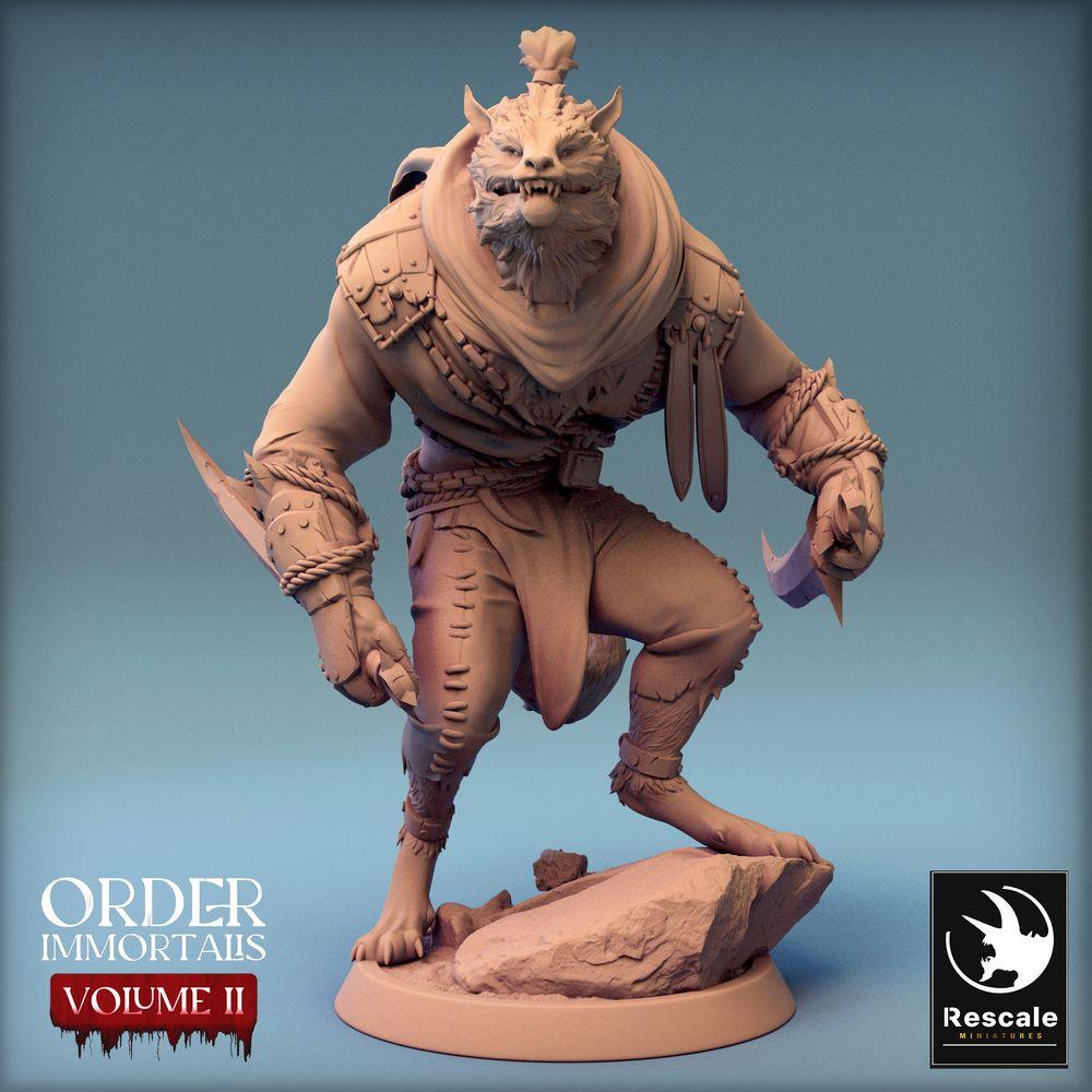 Product photo Tabletop 28mm Lord of the Print (LotP) 0: Tabletop miniature: Beastman / Werewolf warrior, big cat assassin with two scimitars, Gnoll raider in parry stance (24_02_C7)