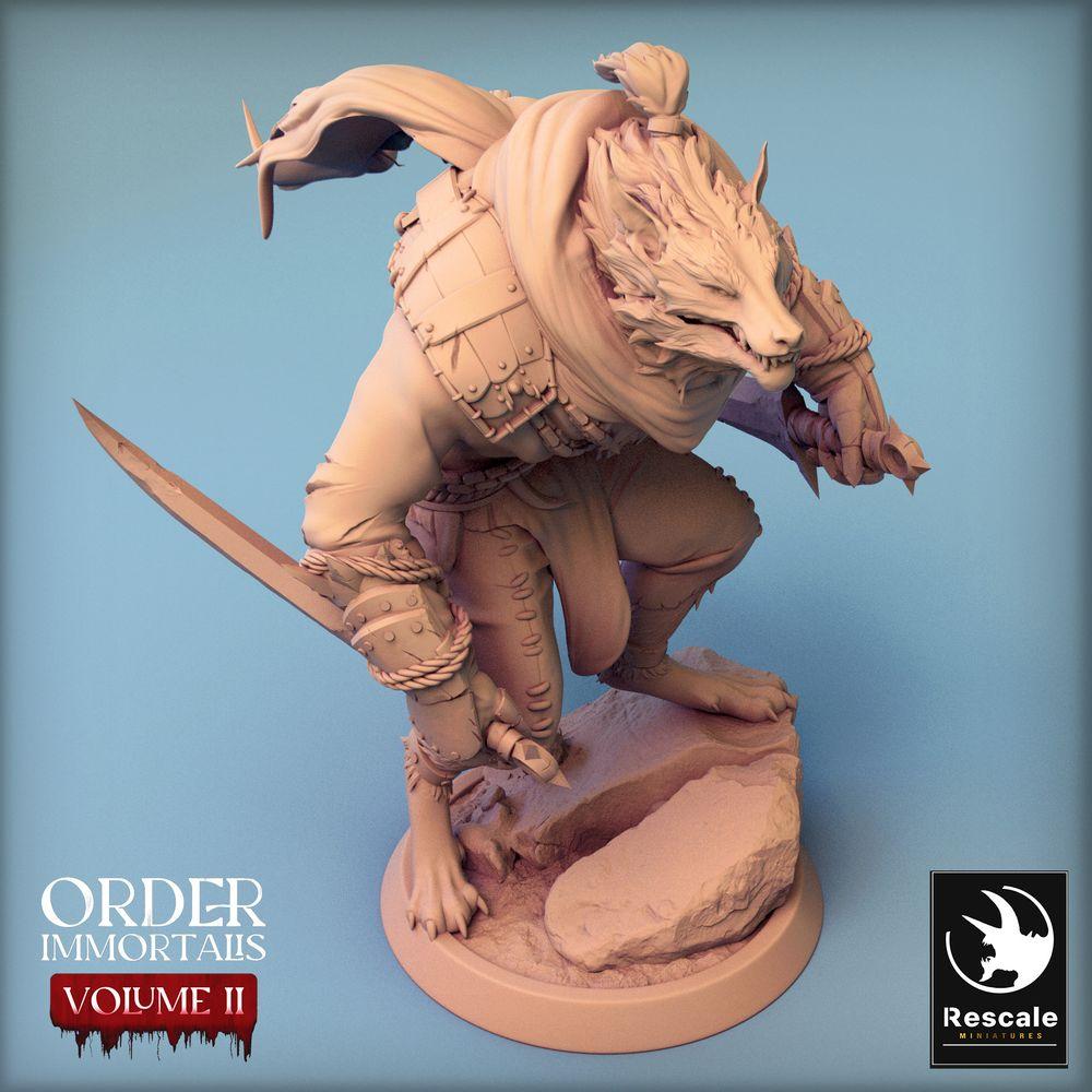 Product photo Tabletop 28mm Lord of the Print (LotP) 0: Tabletop miniature: Beastman / Werewolf warrior, big cat assassin with two curved sabers, Gnoll raider in parry stance (24_02_C7)
