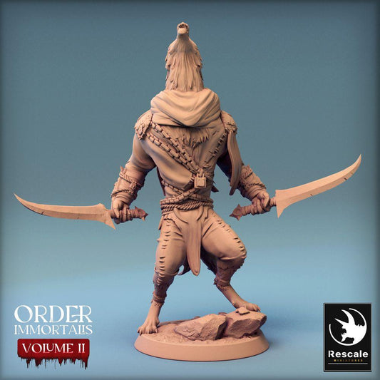 Product photo Tabletop 28mm Lord of the Print (LotP) 0: Tabletop miniature: Jackal Warrior, Desert Assassin with two curved sabers, Beastman Duelist, Temple Guardian (24_02_C8)