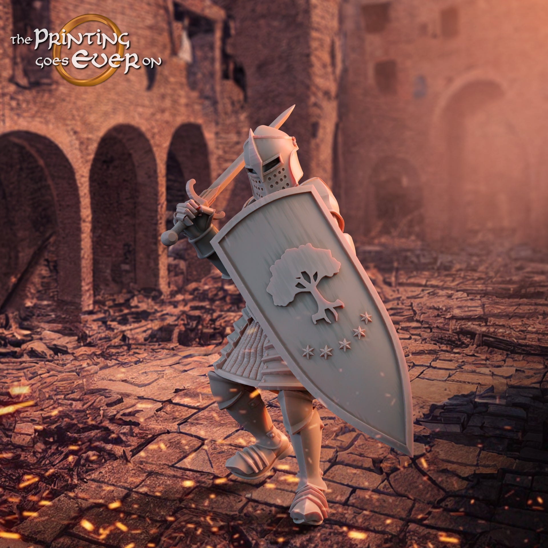 Product photo medieval historical figure 75mm Scale The Printing Goes Ever On (TPGEO) 0: Medieval Knight Figures Fighting Knight - Warrior of Gonthan