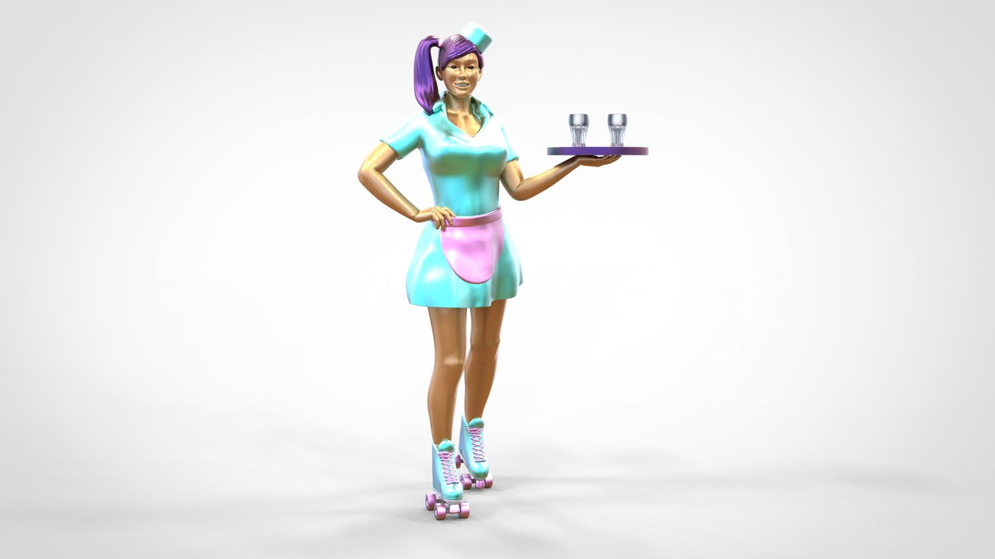 Product photo 0: Waitress on roller skates 2: Server with tablet brings drinks
