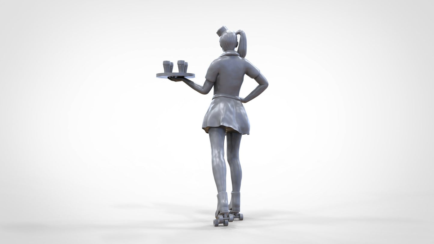 Product photo 0: Waitress on roller skates 2: Server with tablet brings drinks