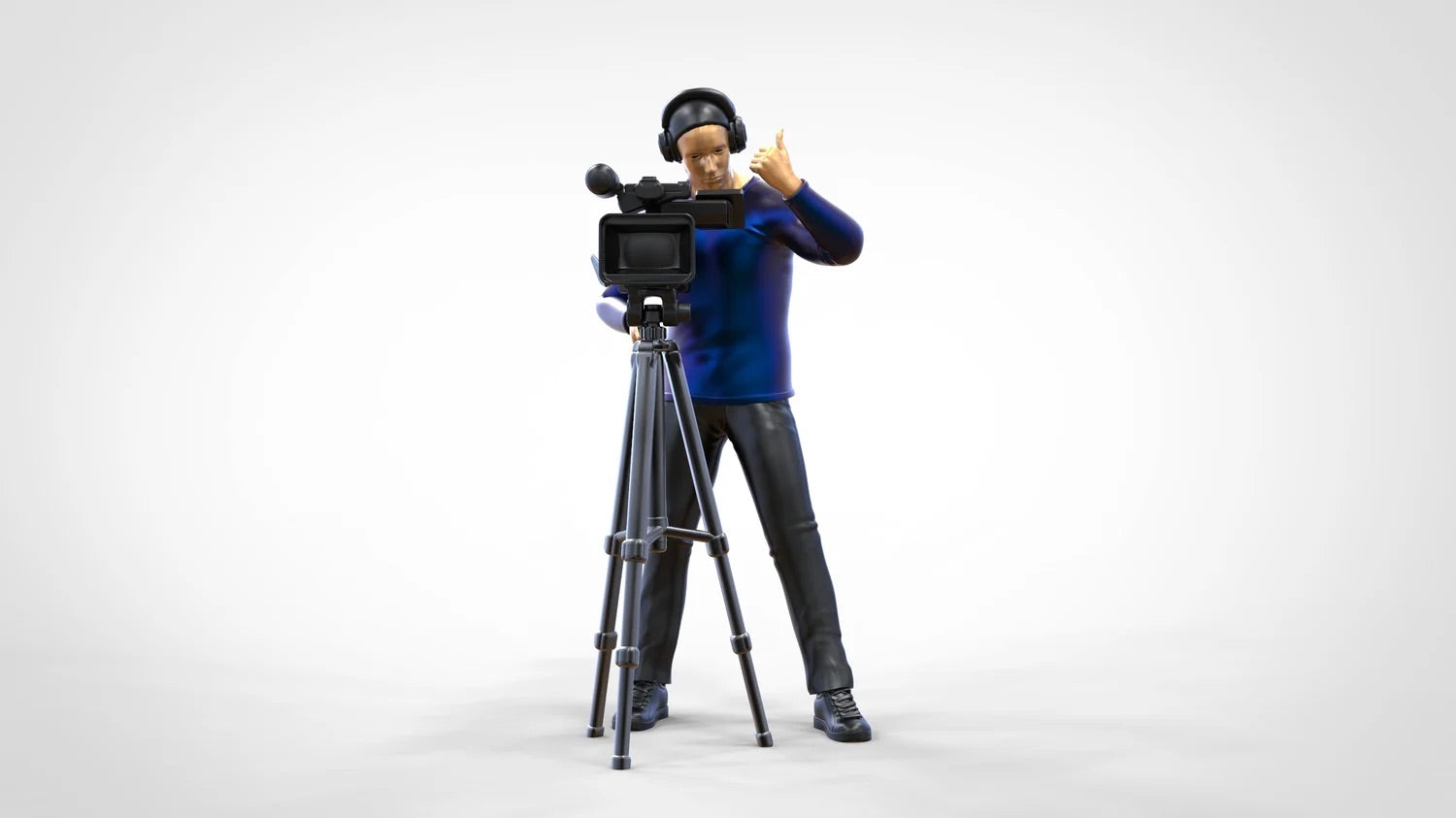 Product photo diorama and model building miniature figure: Reporter team - cameraman with camera and tripod