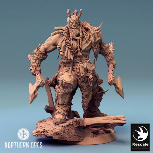 Product photo Tabletop 28mm Lord of the Print (LotP) 0: Tabletop miniature: Orc Berserker, Orc Warlord, axe fighter with two axes (24_04_E1)