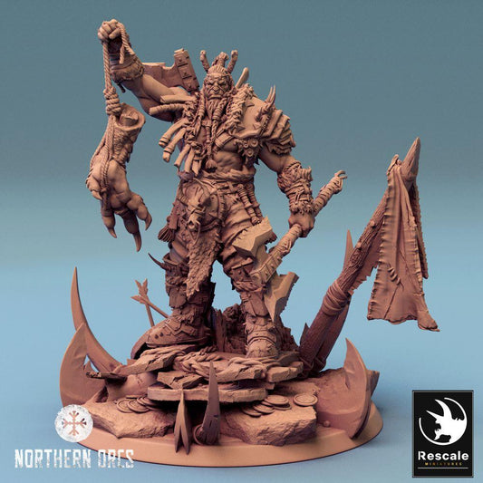 Product photo Tabletop 28mm Lord of the Print (LotP) 0: Tabletop miniature: Orc Chief Azhrog, Warlord and Trophy Hunter with Split Axe (24_04_E2)