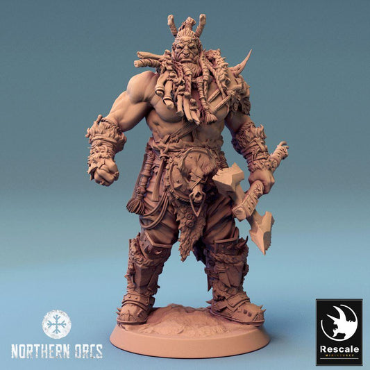 Product photo Tabletop 28mm Lord of the Print (LotP) 0: Fantasy Figure: Orc Warlord / War Chief Azhrog, Barbarian Champion with Jagged Two-Handed Axe (24_04_E3)