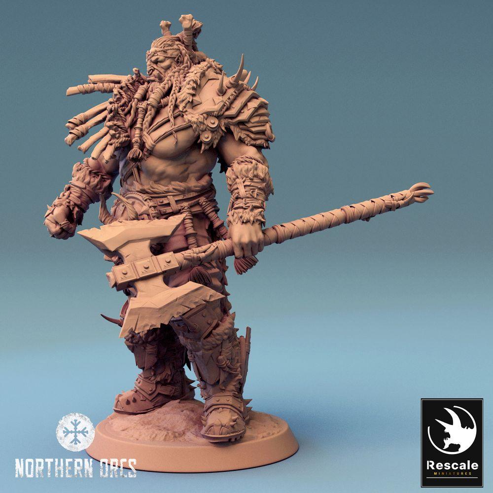 Product photo Tabletop 28mm Lord of the Print (LotP) 0: Fantasy Figure: Orc Warlord / War Chief Azhrog, Barbarian Champion with Jagged Two-Handed Axe (24_04_E3)
