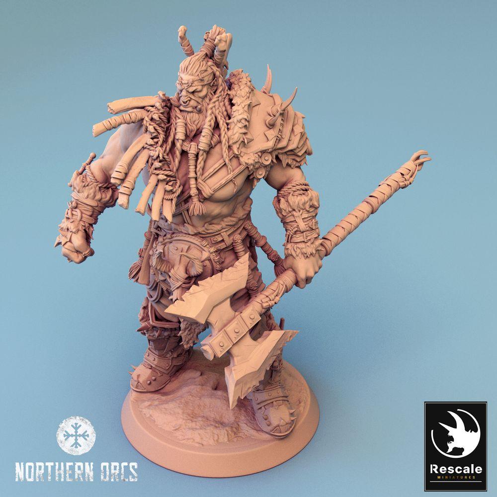 Product photo Tabletop 28mm Lord of the Print (LotP) 0: Fantasy Figure: Orc Warlord / War Chief Azhrog, Barbarian Champion with Jagged Two-Handed Axe (24_04_E3)