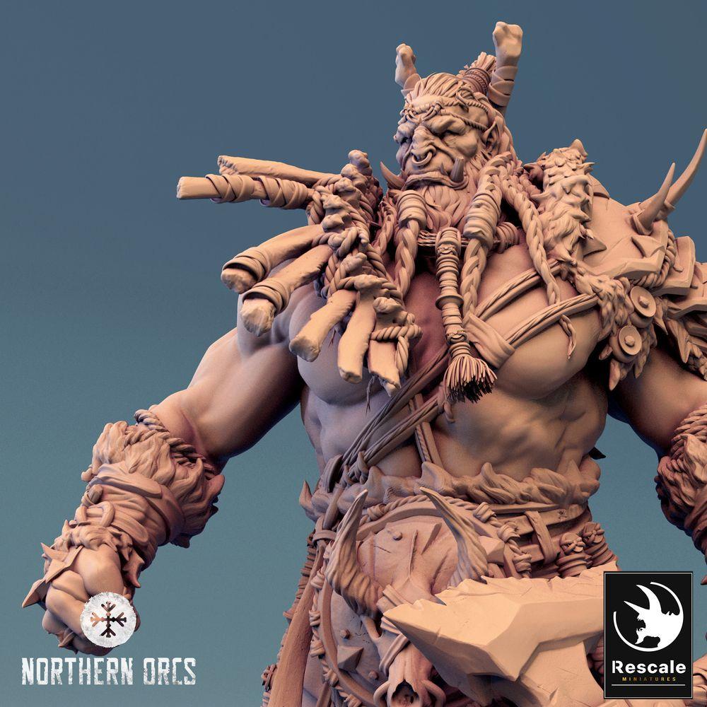 Product photo Tabletop 28mm Lord of the Print (LotP) 0: Fantasy Figure: Orc Warlord / War Chief Azhrog, Barbarian Champion with Jagged Two-Handed Axe (24_04_E3)