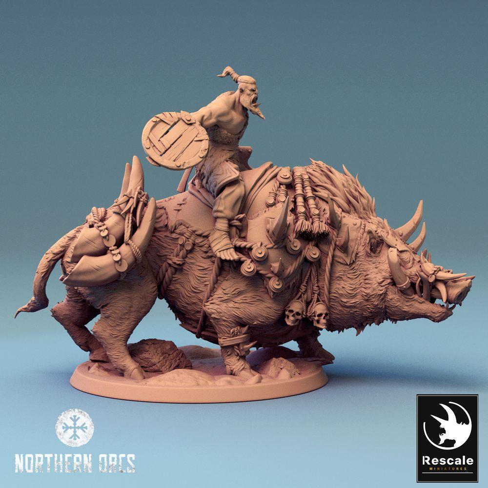 Product photo Tabletop 28mm Lord of the Print (LotP) 0: Tabletop miniature: Orc Warlord on Boar - Orc Warlord, Boar Rider, Beast Rider with Axe and Round Shield (24_04_T)