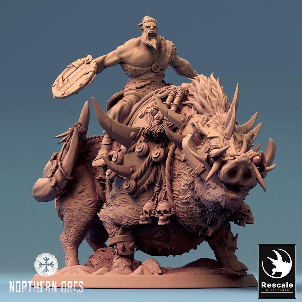 Product photo Tabletop 28mm Lord of the Print (LotP) 0: Tabletop miniature: Orc Warlord on Boar - Orc Warlord, Boar Rider, Beast Rider with Axe and Round Shield (24_04_T)